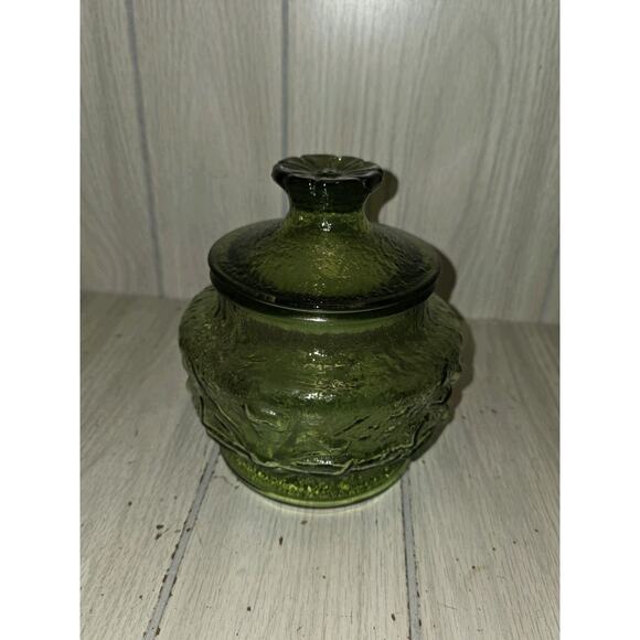 VTG Crinkle Glass Avacado Green Lidded Canister Apothecary Potion Jar Candy Dish - Picture 1 of 7
